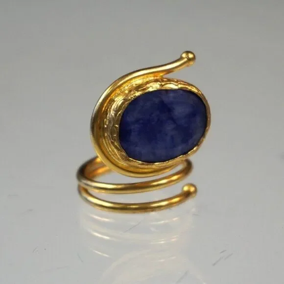 Statement Ring Open Loop Wrap With Blue Stone Inlaid Size 7.5 - Picture 1 of 11